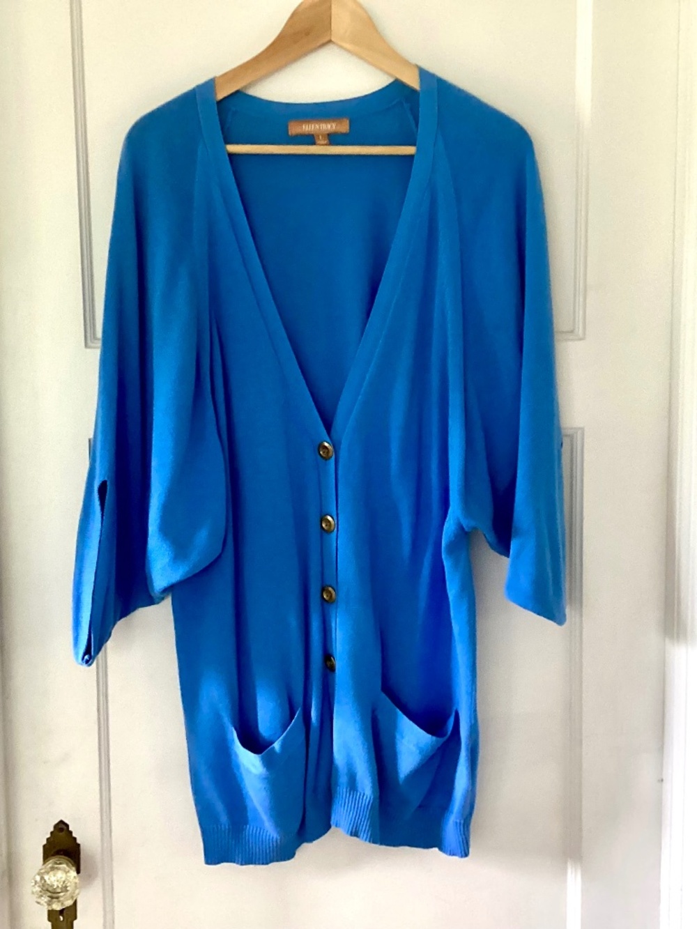 Ellen Tracy Batwing Oversized Long V-neck Cotton Cardigan Cornflower Blue Size L